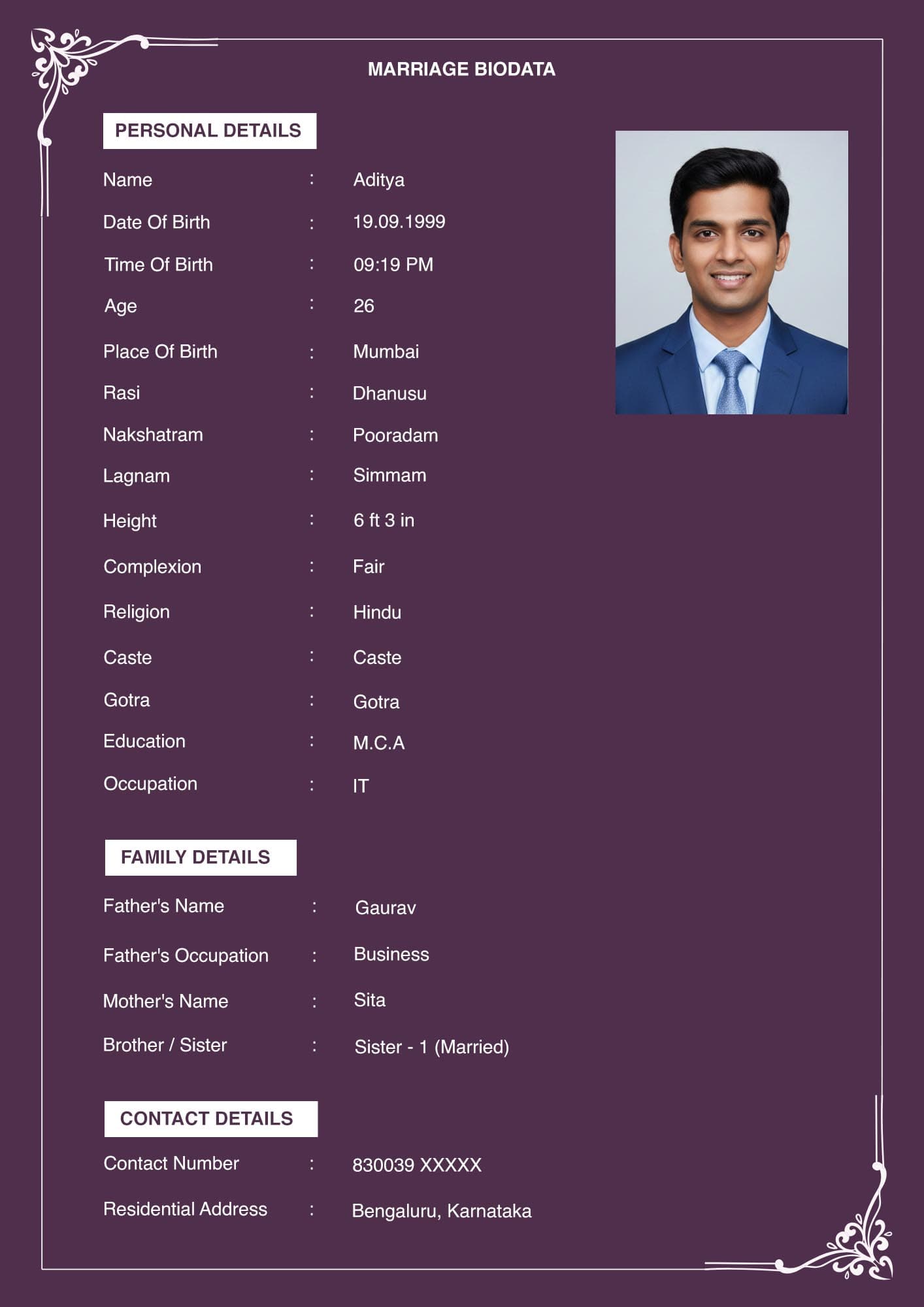 Elegant marriage biodata format for girl PDF download with graceful styling